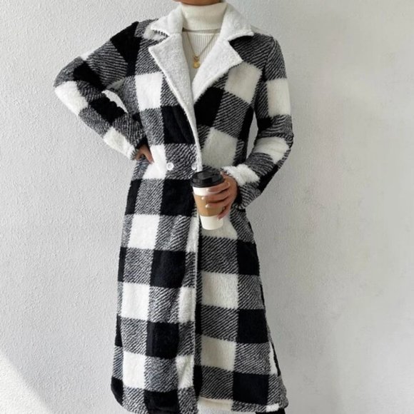 Black white Buffalo Plaid Open Front Flannel Longline Coat Jacket - Picture 3 of 6